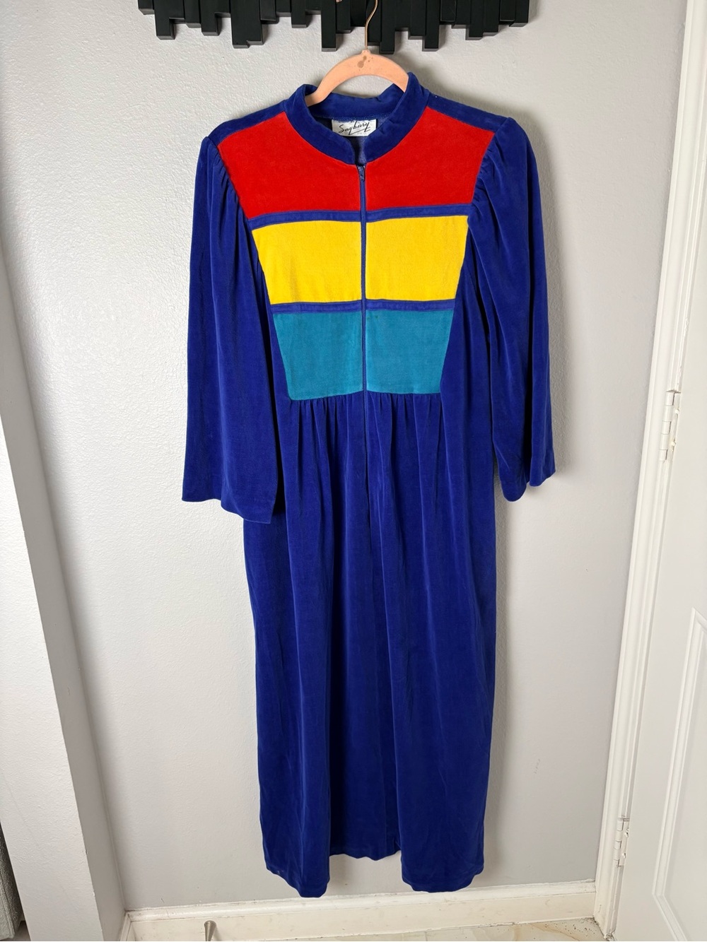 Saybury Vintage 80’s Colorblock Velour Housecoat Dress 3/4 Zipper Front Size M